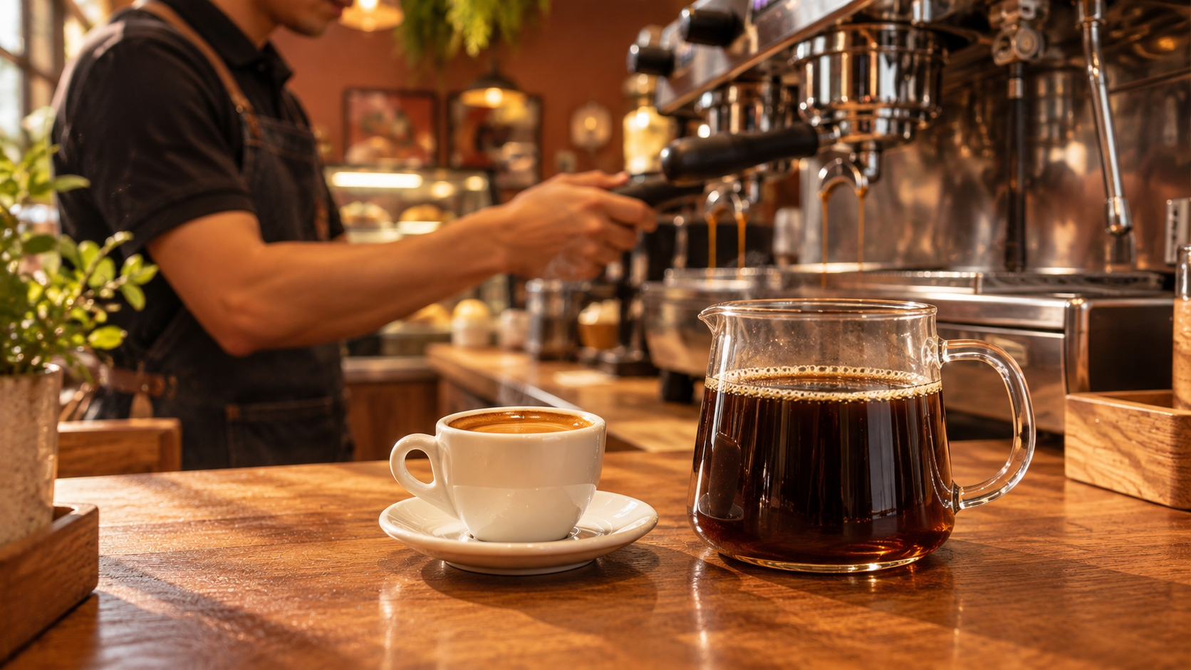 Taza de espresso junto a una jarra de café filtrado en una cafetería